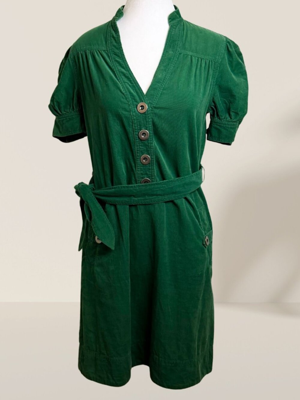 Maeve Anthropologie Green Corduroy Belted Dress Size 4 | Puff Sleeve Pockets